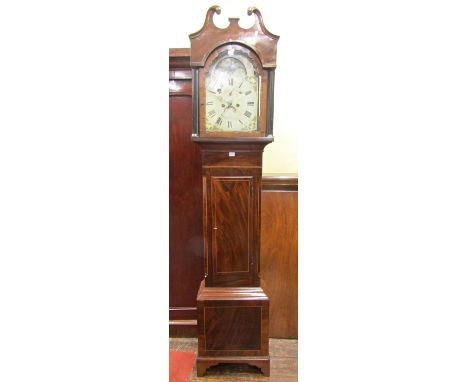 A Georgian mahogany and inlaid longcase clock, the painted dial with broken arch and painted floral spandrels including a map