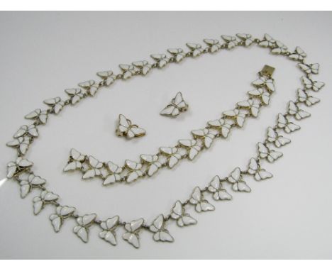 An enamel butterfly parure by Volmer Bahner comprising necklace, bracelet and clip earrings, in silver gilt, stamped '925 VB'