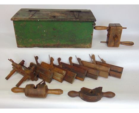 A 19th century box of interesting wood working tools to include sash fillister, spoke planes, etc