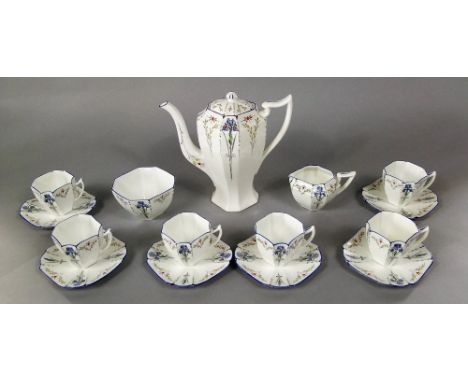 A six place Shelley Art Deco Queen Anne shaped coffee service in the Blue Iris pattern comprising coffee pot, milk jug, sugar