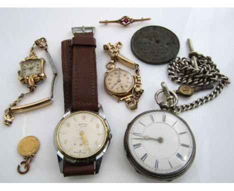 A collection of watches and others to include silver pocket watch in a Victorian engraved case with foliage and darted border