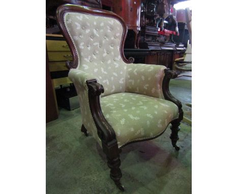 A Victorian spoonback drawing room chair with acorn and oak leaf patterned upholstered serpentine seat, button back and arms 