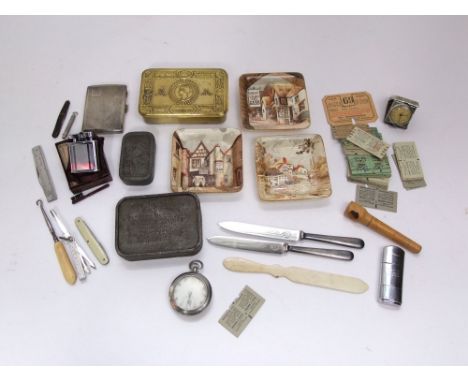 Silver cigarette case, travel watch, three ceramic Bass beer ash trays, military pocket watch, G.S.T.P - Q5782, pen knives, t