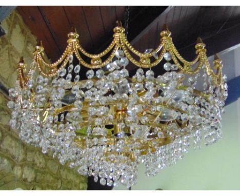 Gilt brass and prismatic drop ceiling light, with seven bulb fitting