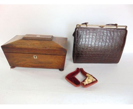 Miscellaneous lot to include a 19th century rosewood sarcophagus tea caddy, the hinged lid enclosing a part fitted interior; 