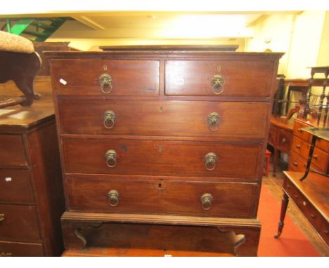 A Regency mahogany chest of three long and two short drawers with string banded inlay on bracket supports 90cm wide