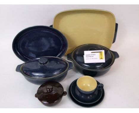 A quantity of Denby stonewares including  blue glazed examples comprising two graduated casserole dishes and covers of oval f