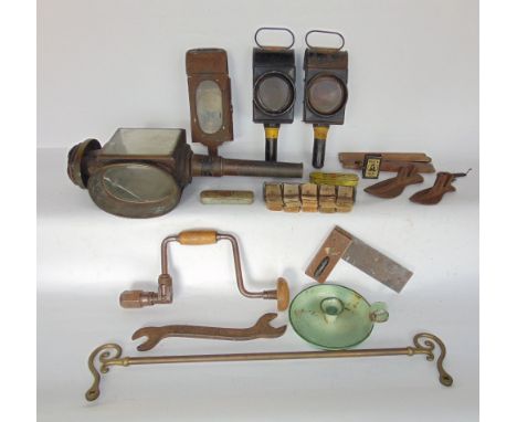 A collection of various metal lanterns together with a small quantity of hand tools, etc