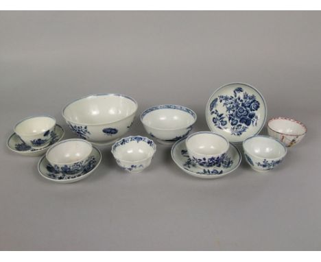 A collection of 18th century blue and white Worcester type tea wares including a bowl with floral sprig and insect decoration