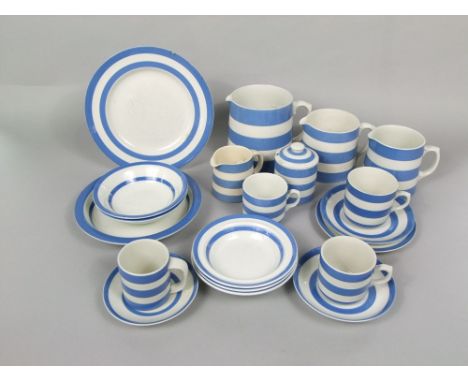 A collection of T G Green blue and white banded Cornish kitchenware including four various graduated jugs of different dates,