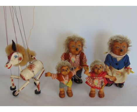 Collection of Steiff Macki hedgehog figures, together with a Muffin the Mule puppet