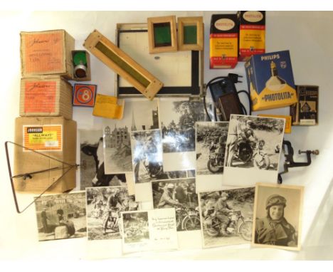 A collection of vintage photographs including scrambler motorcycles, views, etc, together with sundry photographic equipment