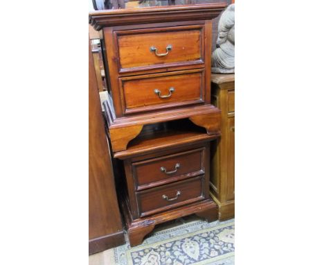 A pair of low bedside or lamp tables, each enclosing two drawers on pronounced bracket supports, 60 x 60cm