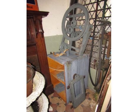 A vintage timber shop or warehouse hoist, the crate 80 x 60 x 60 cm complete with tackle, weights and pulleys, etc