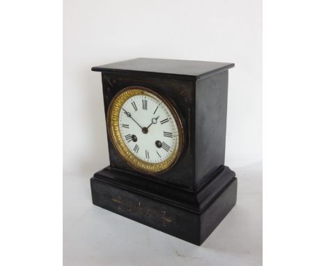 A 19th century two train black slate mantle clock, with 3.5" enamel dial with gilt darted borders within an architectural cas