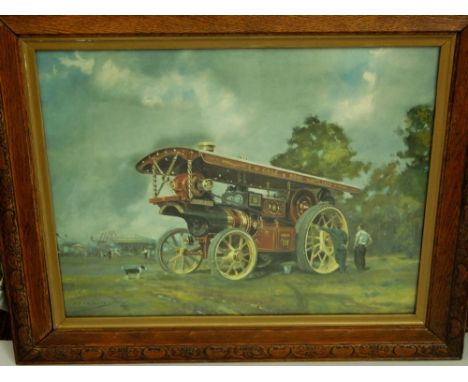 A 20th century coloured print after Gerald Coulson of a traction engine, The Princess Royal, 47 x 60 cm approx in carved oak 