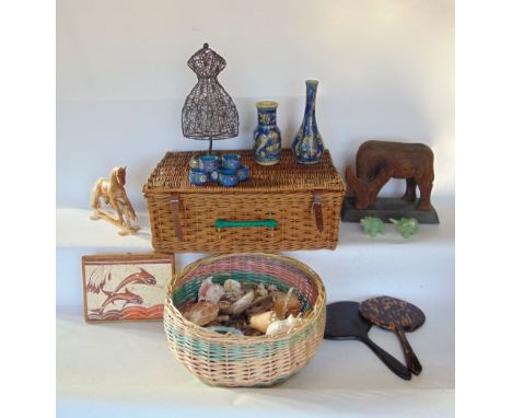 A mixed collection of miscellaneous items to include two jade elephants, set of six cloisonne napkin rings,two persian fish d