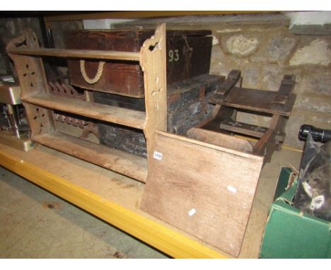 An oak ecclesiastical prayer stand and combined folding kneeler with pierced gothic tracery detail together with a Victorian 