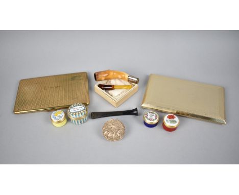 A Collection of Halcyon Days, Bilston and Crummles Enamelled Pill Boxes, Two Vintage Cigarette boxes, Cheroot Holders, One AF