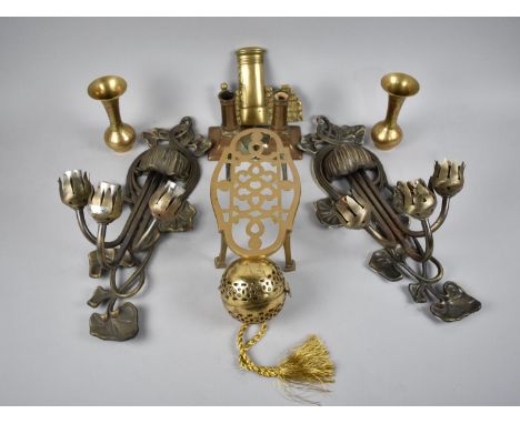 A Collection of various Brass and Metalwares to include Trivet, Wall Hanging Light Fitting, Candlesticks Etc 