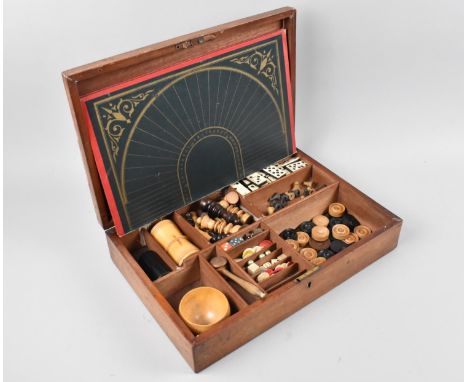 A Late 19th Century Mahogany Games Compendium, Hinged Lid to fitted Interior with Compartments for Dice, Chess Pieces, Cribba