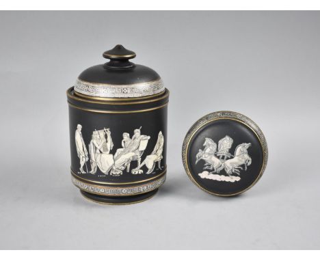 A Prattware Old Greek Pattern Circular Tobacco Jar with Inner Press together with a Similar Pattern Circular Lidded Box 
