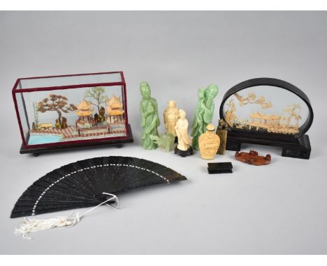 A Collection of Oriental Items to Include Cork Dioramas, Jade Effect Figures, Snuff Bottle etc 