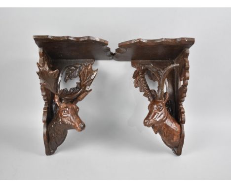 Two Black Forest Style Carved Wooden Corner Shelf Sconces with Stag and Alpine Ibex Supports, 34cms High 