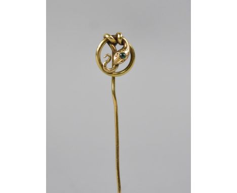 A Lovely Quality 19th Century French Gold Plated Pin, Coiled Serpent with Emerald Coloured Stone to Head, Stamped FIX Verso, 