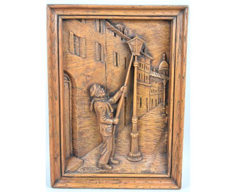 A Carved French Wooden Panel Depicting Lamp Lighter, 38x28cms 