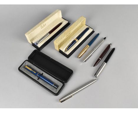 A Collection of Seven Parker Fountain Pens, with all but one Having 14ct Nibs Together with a Damaged Pen form Spares with Go
