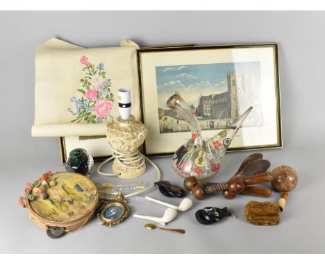 A Collection of Sundries to Include Wine Decanter, Table Lamp, Prints, Shoe Trees, Clay Pipes etc 