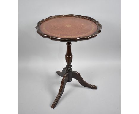 A Modern Circular Topped Tripod Wine Table with Tooled Leather Insert, 35cms Diameter 