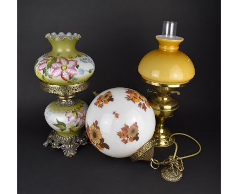 Two Mid/Late 20th Century Electric Oil Lamps Together with a Wall Hanging Light Fitting Having Globular Opaque Glass Shade wi