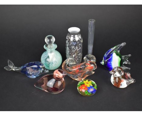 A Collection of Various Coloured Glass to Comprise Caithness Perfume Bottle, Paperweights etc 