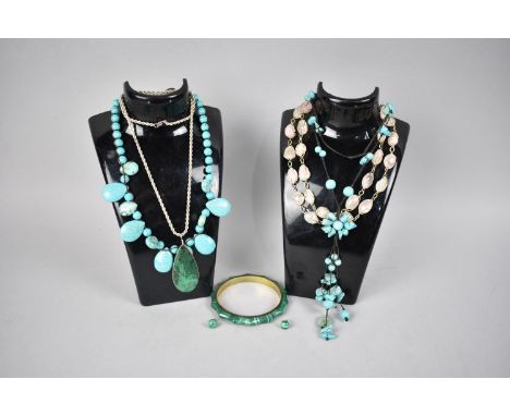 A Collection of Various Stone Mounted Jewellery to Comprise Malachite Bangle and Earrings, Rose Quartz and White Metal Wirewo