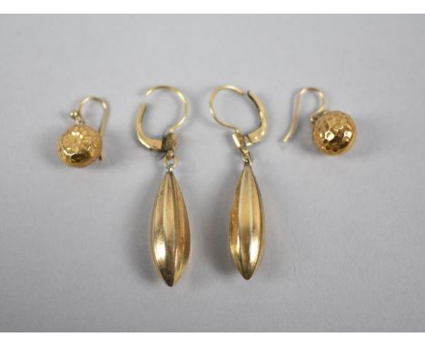 A Pair of 9ct Gold Earrings, Spheres on Fish hook Backs, A Pair of Gold Coloured Metal Examples, Stamped to Hooks but Illegib