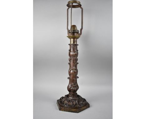 A Victorian Bronzed Brass Candle Lamp, Palmer and Co Patent, 55cms High, Hexagonal Base and Scrolled Rococo Relief Decoration