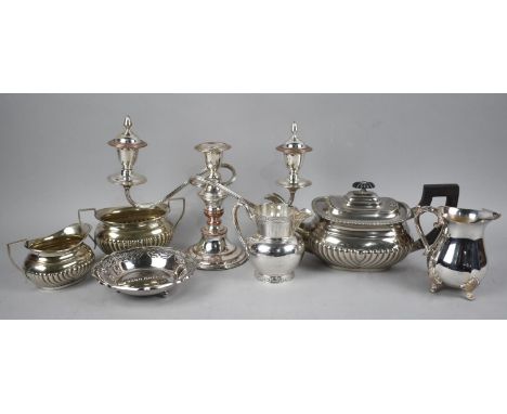 A Collection of Silver Plate to include Three Piece Tea Service, Three Branch Candelabra, Jugs Etc 