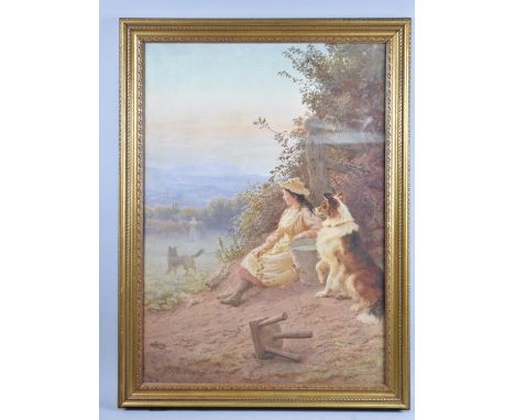A Large Framed Edwardian Coloured Print, Seated Milk Maid with Bucket of Milk and Dog, After Helena Maguire 51x71cms 