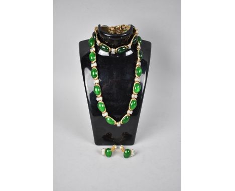 A Suite of Vintage Gold Tone and Green Glass Costume Jewellery to include Necklace, Earrings and Bracelet 