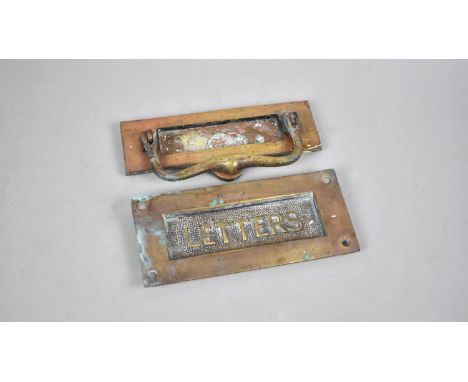 Two Vintage Brass Door Letter Flaps, One with Knocker, the Other Inscribed "Letters", 18cms Wide 