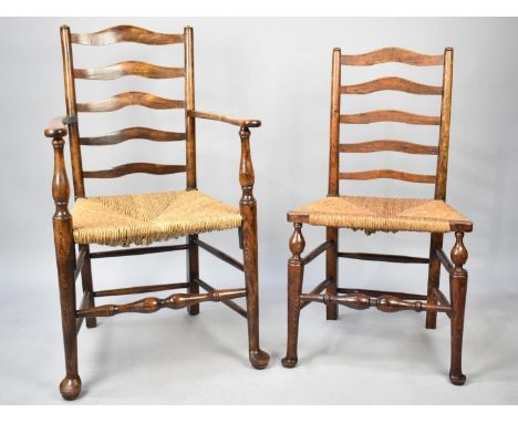 A Set of Six Modern Rush Seated Ladder Back Chairs to Include One Carver 