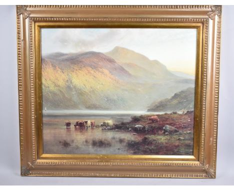 A Gilt Framed Print, Highland Scene with Cattle at Loch, 60x50cm 