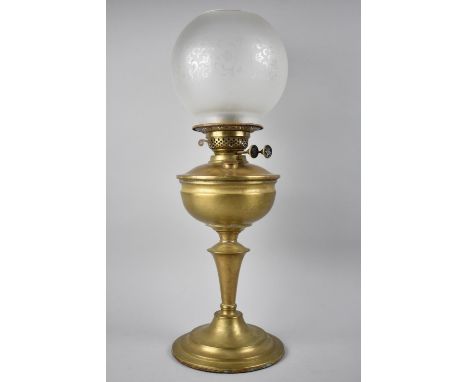 An Early 20th Century Brass Oil Lamp with Twin Controls and Etched Globe Shade, Overall Height 55cms 