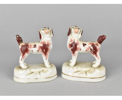 A Pair of Porcelain Studies of Spaniels Modelled Standing in the Liver Patch Colourway, 8cm high 