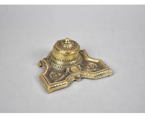 A Late 19th Century Brass Desktop Inkwell and Pen Stand, Ceramic Liner by Sandford, 11cms Wide 