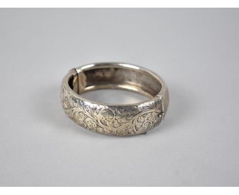 A Good Quality Silver Hinged Bangle, Chester 1947, Engraved Scrolling Decoration to Front Panel, Makers Mark S&amp;E, 43.9gms