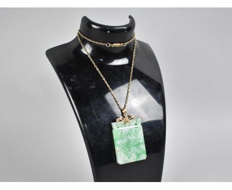 A 14ct Gold and Mottled Green Jade Carved Rectangular Pendant with Phoenix to One Side and Maiden Verso, 32.5mm by 43.8mm and
