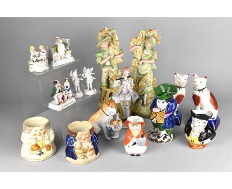 A Collection of 19th and 20th Century Figural Ceramics to Comprise Pair of Continental Bisque Porcelain Figures of Farmer and